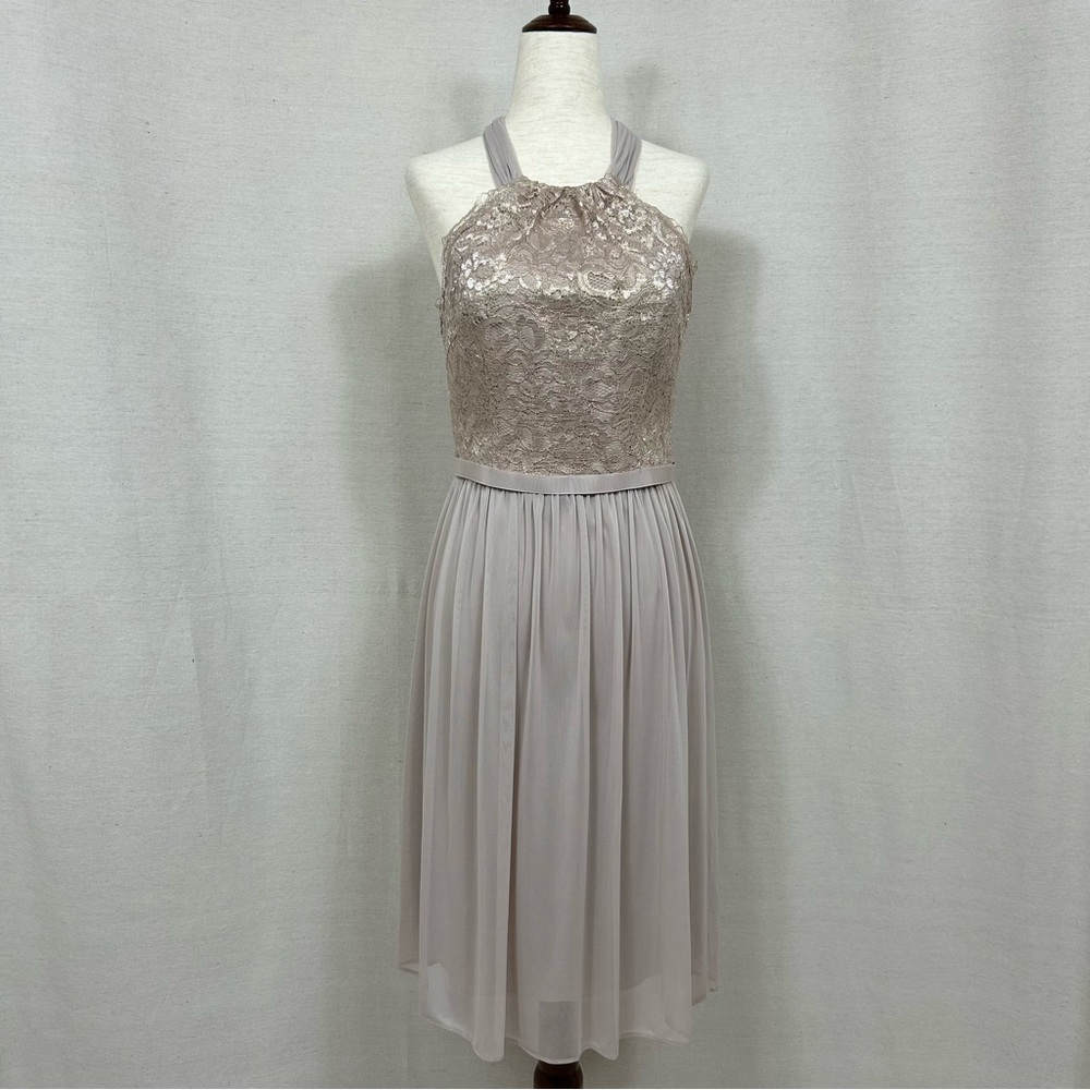 David’s Bridal Lace Halter Midi Dress for Wedding Guest